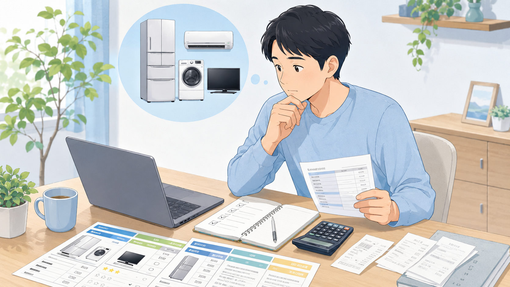 自宅でパソコンや比較資料を開き家電の処分費用を検討する男性