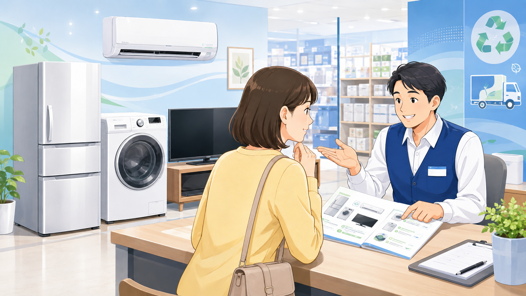 家電量販店のカウンターで店員から家電処分の案内を受ける女性