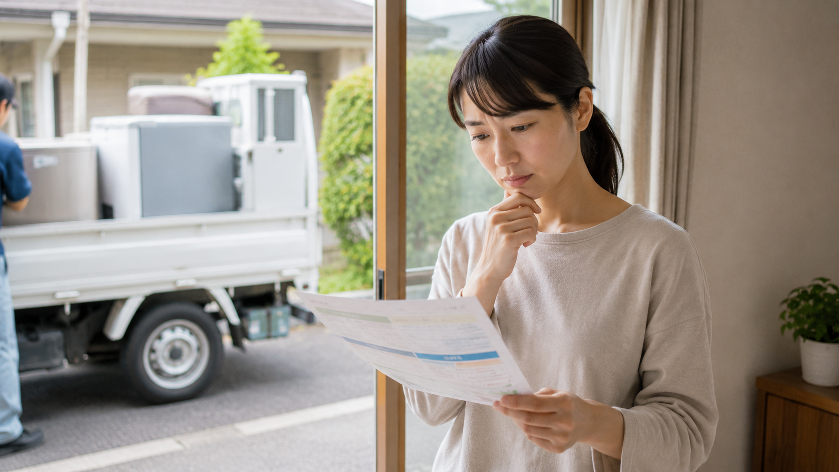 引越しトラックを背景に見積書を見て費用に悩む女性