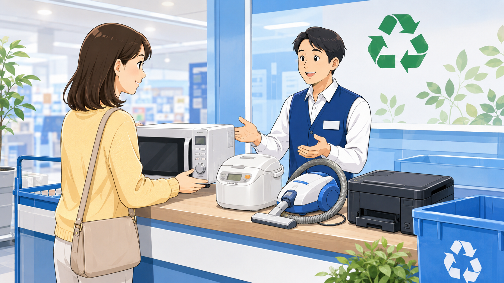 家電量販店の窓口に小型家電を持ち込んでリサイクル回収を依頼する様子
