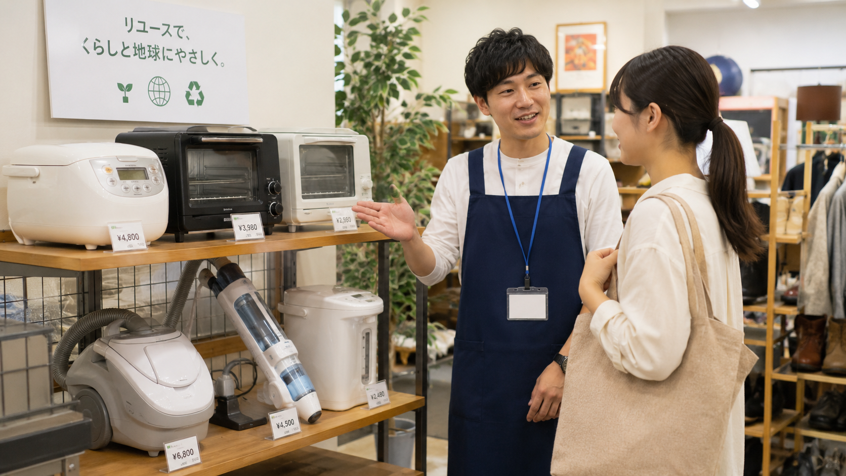 リユースショップで家電の買取条件を確認 リユースショップの店員から中古家電の買取条件について説明を受ける女性