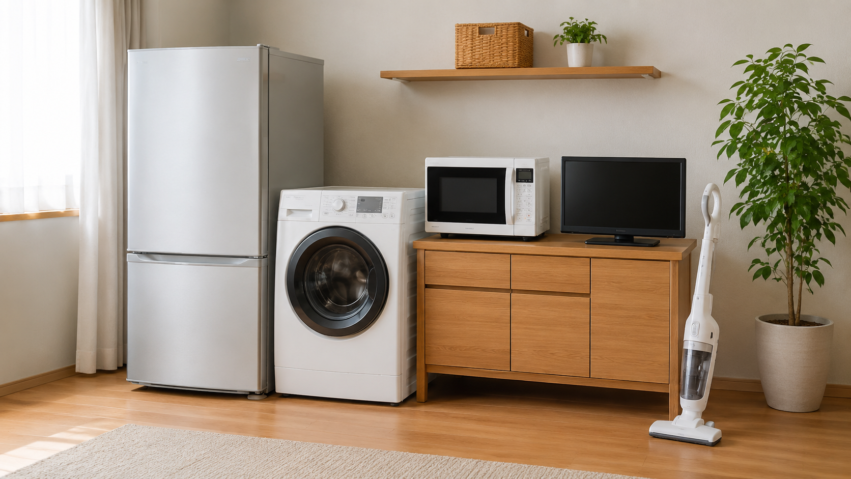 部屋に綺麗に並べられた冷蔵庫・洗濯機・電子レンジなどの家電一式
