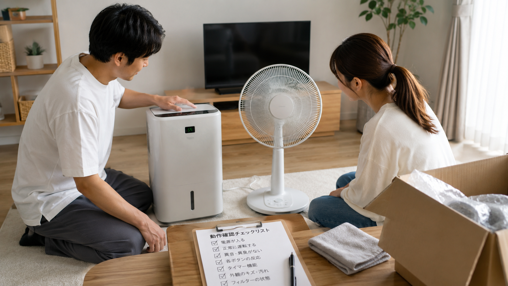出張買取前の家電状態チェック 家電の出張買取前にチェックリストを使って家電の状態を確認する男女