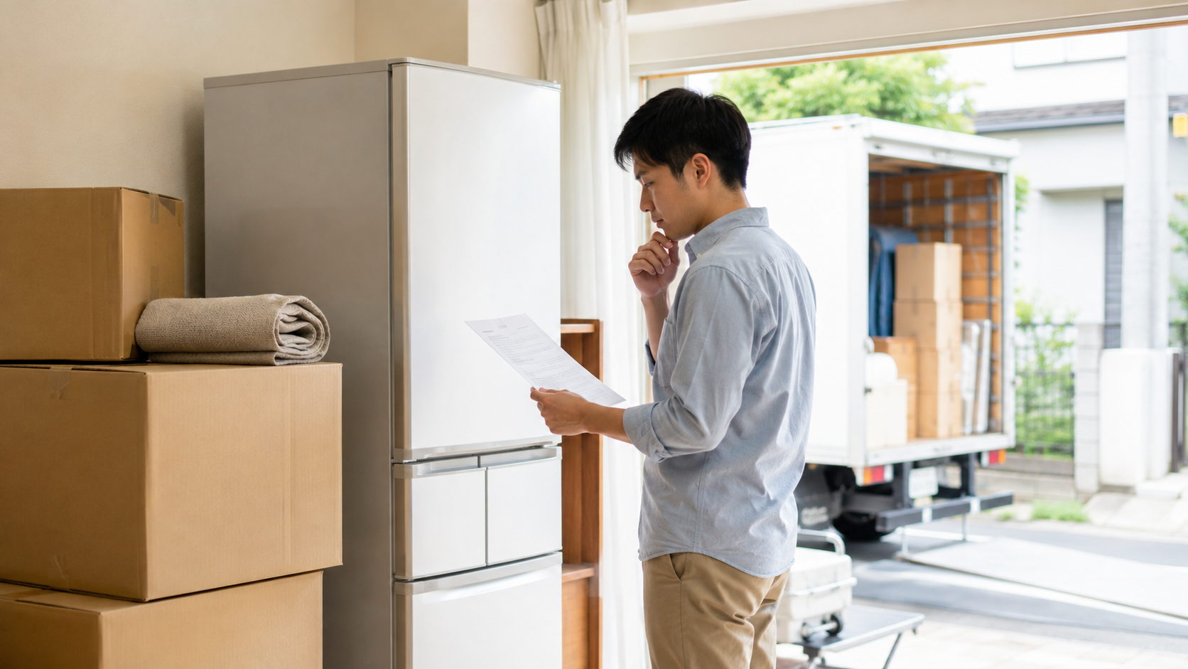 引っ越し前の家電買取と処分比較 引っ越し前に不要家電の出張買取や処分費用を比較する男性