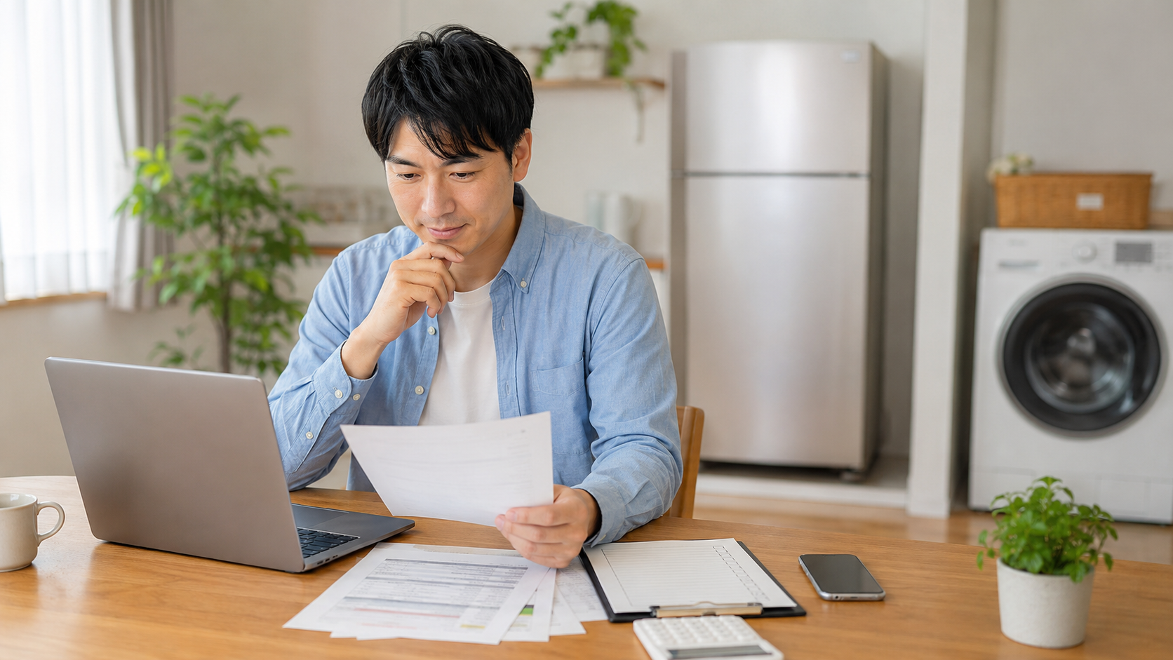 パソコンと書類を広げて家電の処分費用や買取価格を検討する男性