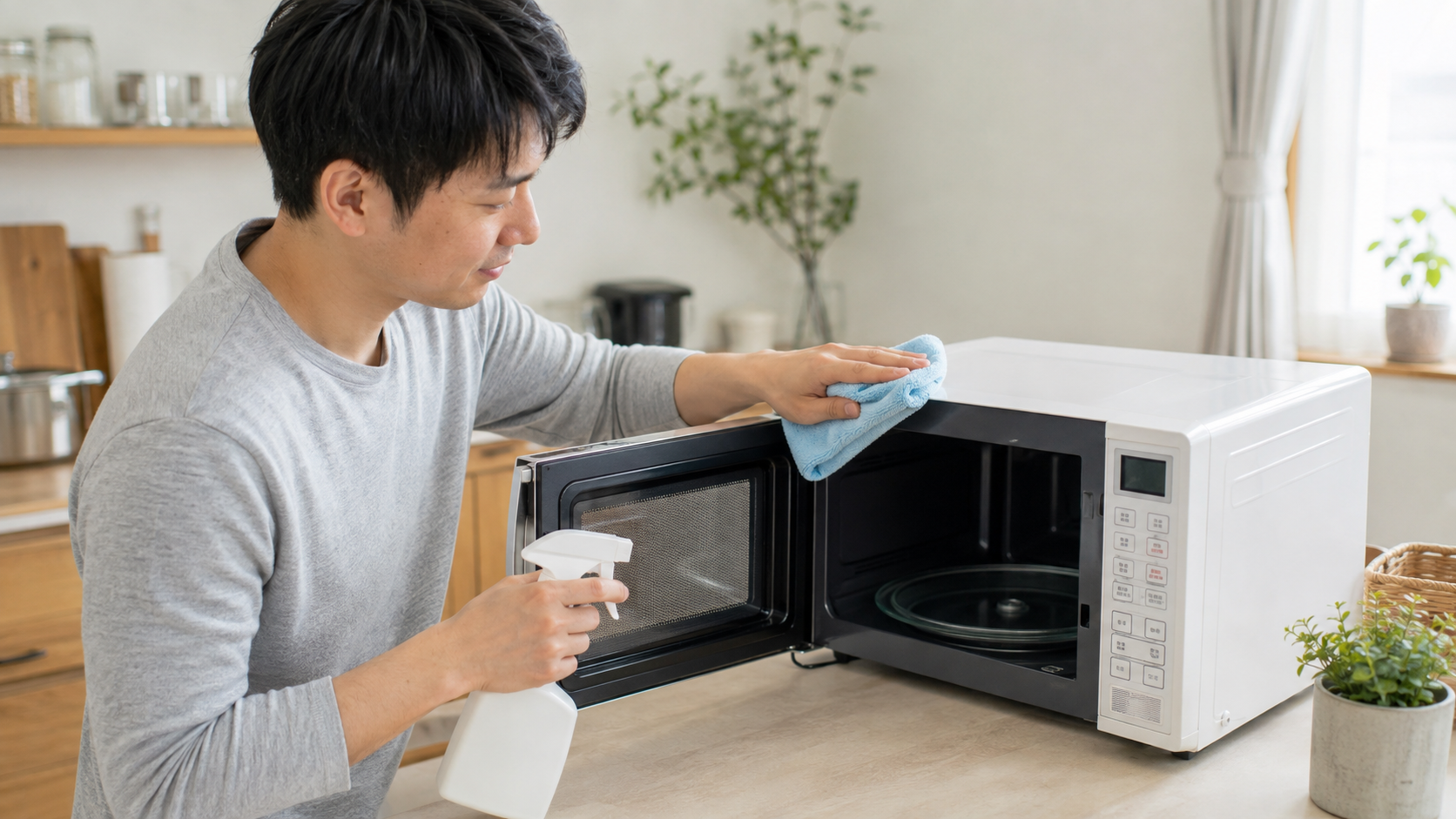 出張買取査定前に家電を清掃 家電の出張買取査定前に電子レンジの汚れを清掃する男性