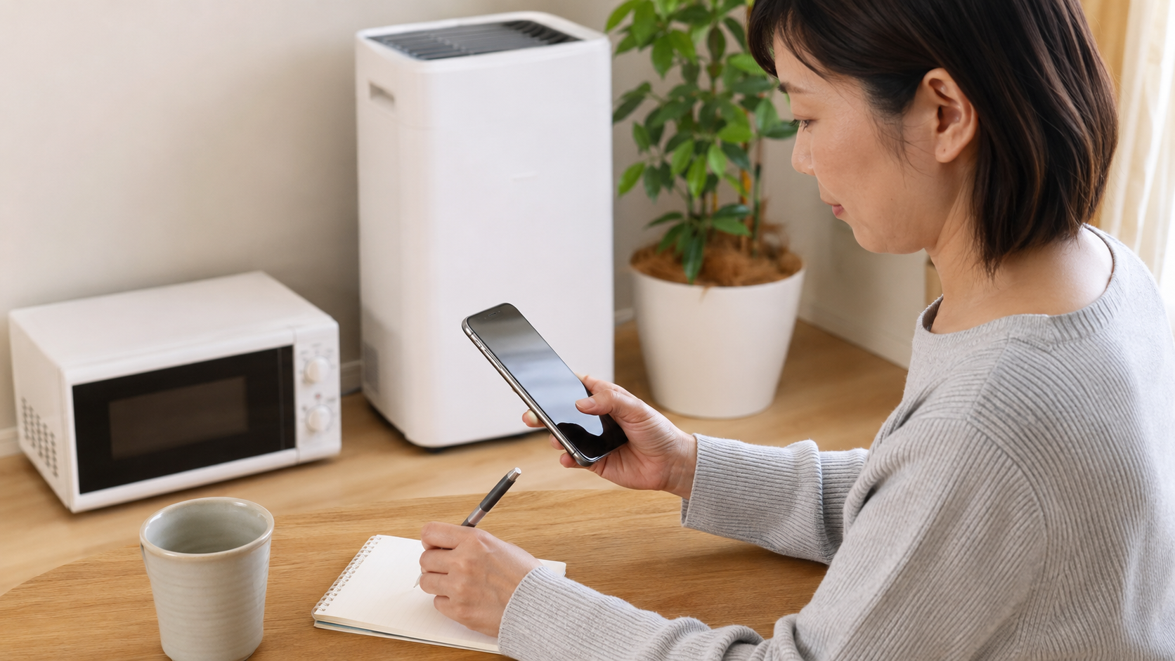 家電の出張査定を予約する様子 スマートフォンで家電の出張査定を予約しながら内容をメモする女性