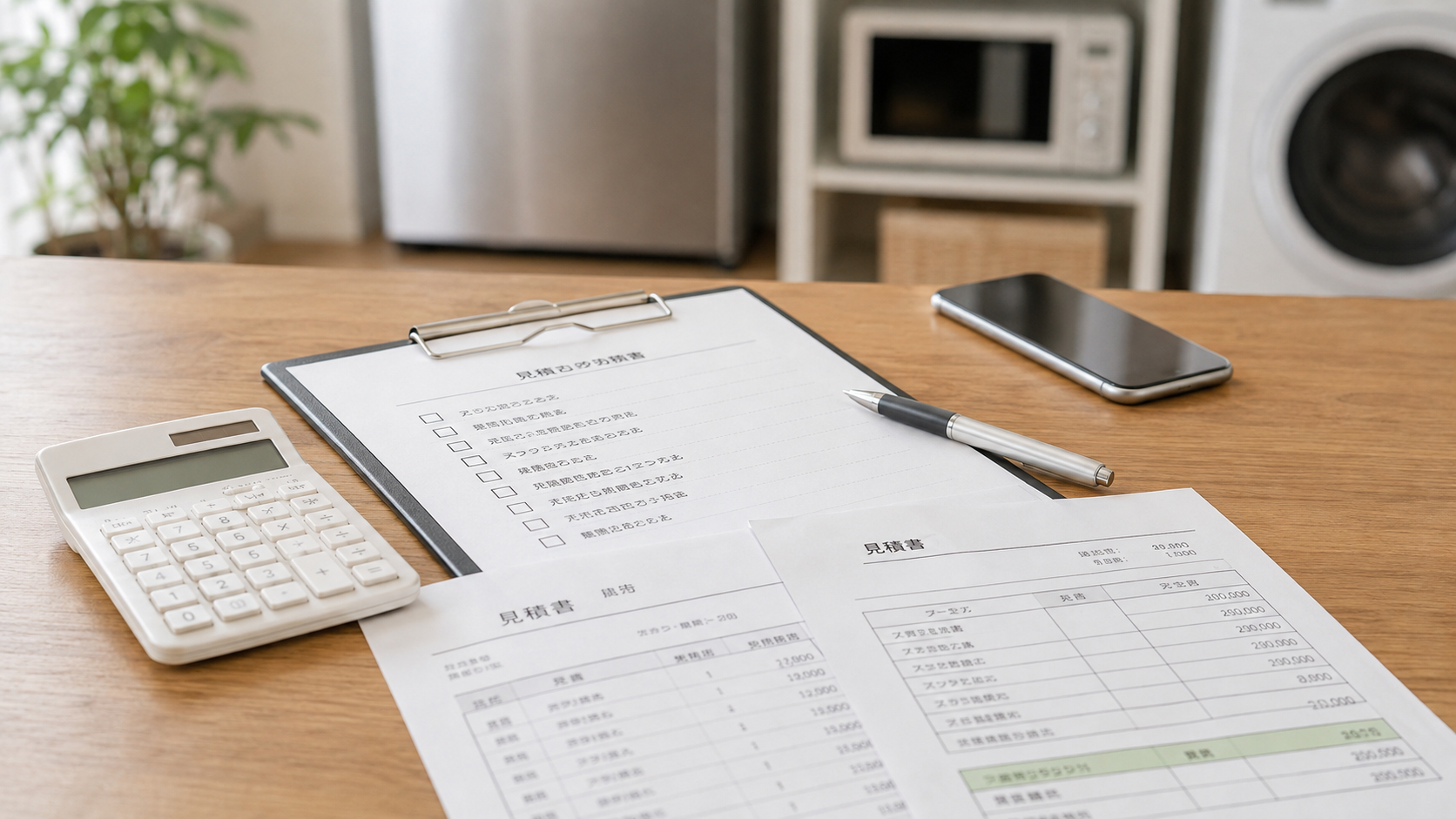 机の上に用意された家電処分や回収の見積書と電卓