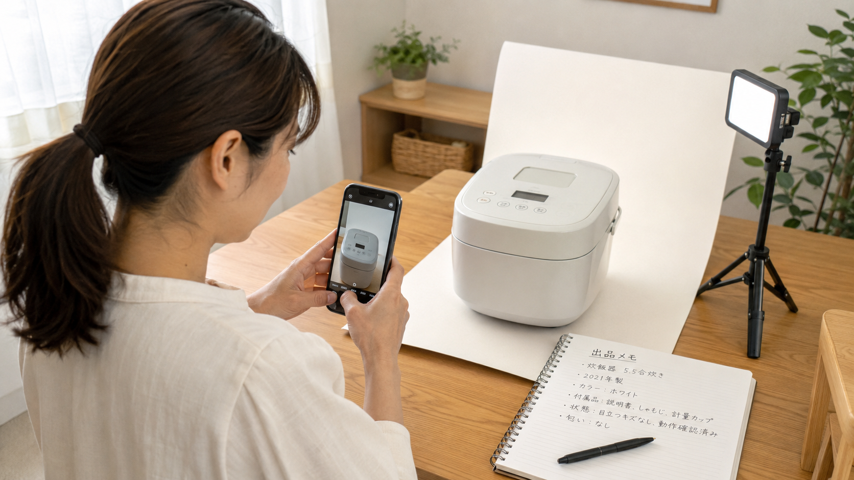 小型家電をフリマアプリへ出品 小型家電をフリマアプリへ出品するためスマートフォンで撮影する女性