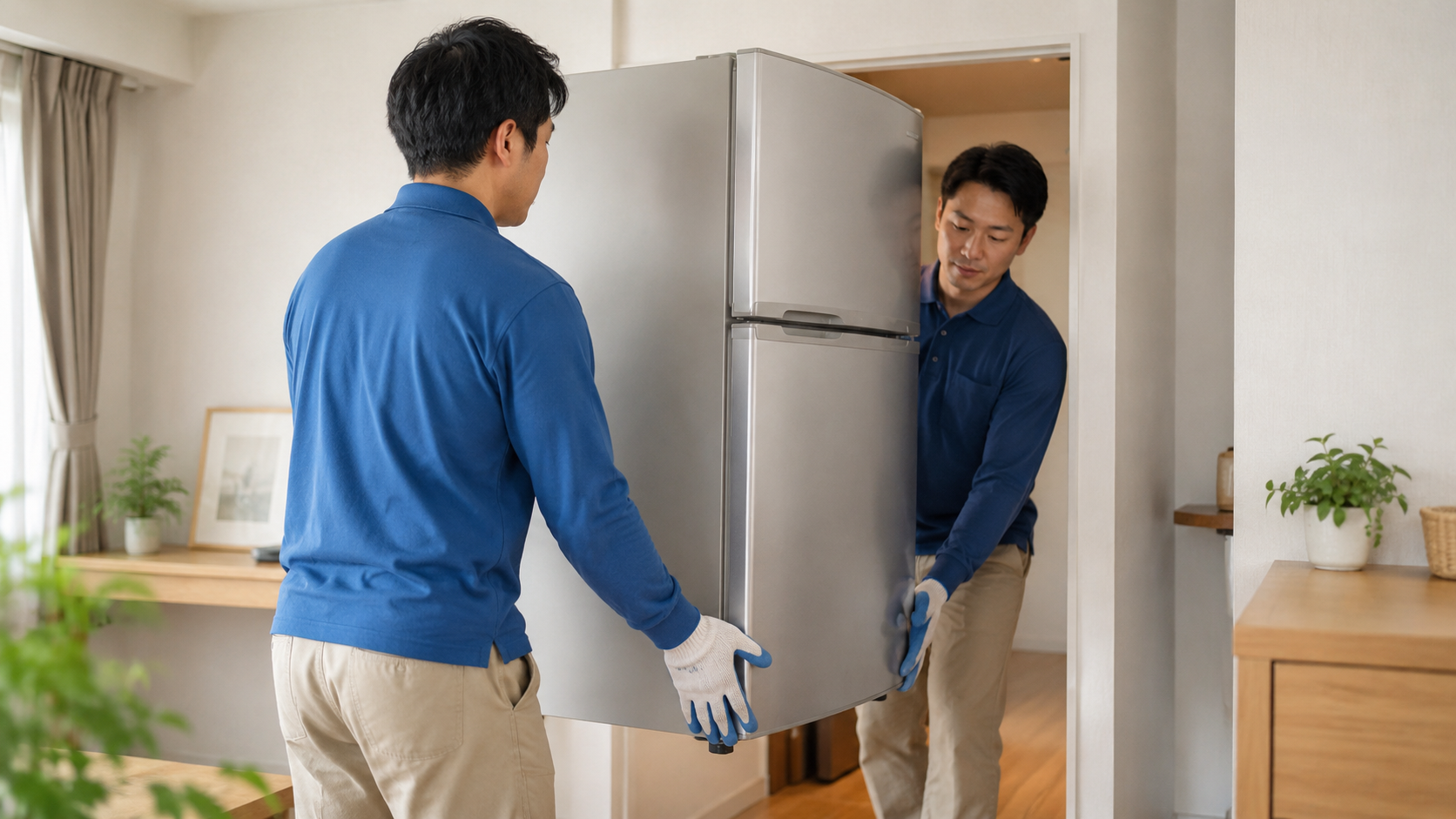部屋から大型冷蔵庫を慎重に搬出・回収する作業スタッフ