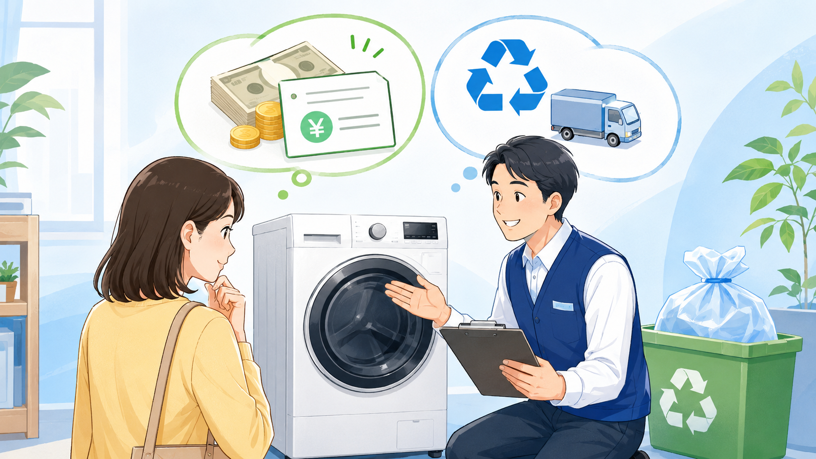 新しい冷蔵庫の搬入と古い冷蔵庫の回収作業を見守る女性